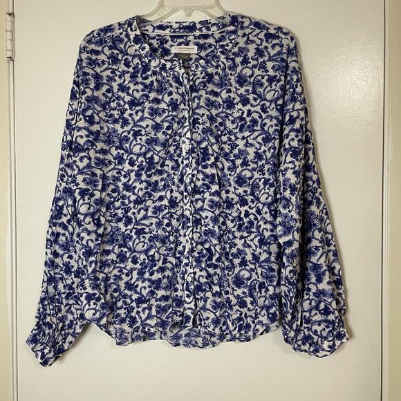 ANTHROPOLOGIE Pilcro blue floral damask button down long sleeve blouse top MED - Picture 1 of 6